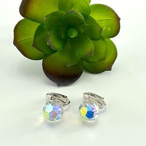 Vtg Disco Ball Earrings, Aurora Borealis Crystals, Clip Ons, Super Sparkly Bling